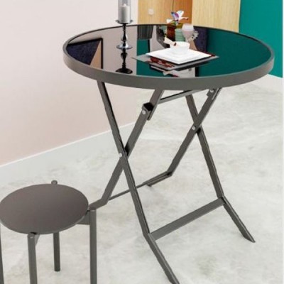 Μαύρο Στρογγυλό Τραπέζι Πτυσσόμενο με Σκελετό Αλουμινίου και Γυάλινη Επιφάνεια 70cm