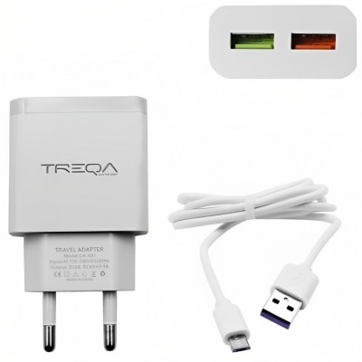 Φορτιστής Ταχείας Φόρτισης με 2 Θύρες USB 3.1A και Καλώδιο Micro USB - TREQA