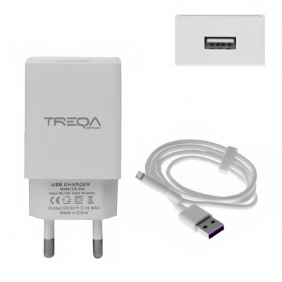 Φορτιστής Ταχείας Φόρτισης με 1 Θύρα USB 3.1A και Καλώδιο Lightning - TREQA
