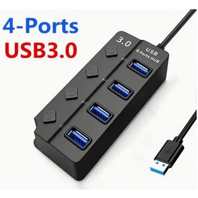 HQ-4-PORT Αντάπτορας-USB HUB Γρήγορης Φόρτισης & Μεταφοράς Δεδομένων έως 5Gbps με 4 Θύρες USB 3.0 LED Φωτισμό Λειτουργίας & Διακόπτες On/ Off