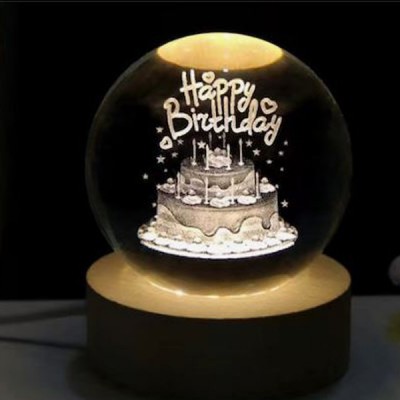 Φωτιστικό Κρυστάλλινη Σφαίρα Χαραγμένη Εσωτερικά με Λέιζερ - Happy Birthday