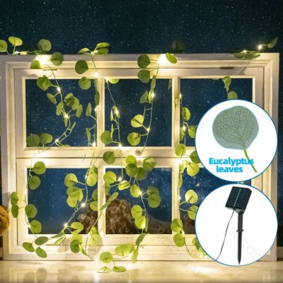 Ηλιακά LED Φώτα Θερμού Λευκού Φωτισμού  2700K  με Τεχνητά Φύλλα Ευκάλυπτου 10m + 2 – Για Εσωτερική & Εξωτερική Διακόσμηση