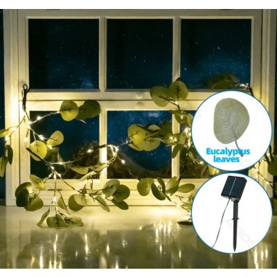 Ηλιακά LED Φώτα Θερμού Λευκού Φωτισμού  2700K  με Τεχνητά Φύλλα Ευκάλυπτου 10m + 2m 110 LED – Για Εσωτερική & Εξωτερική Διακόσμηση IP65