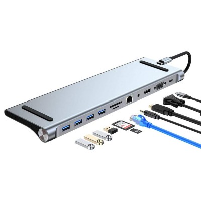 Μετατροπέας 11 σε 1 Τype C σε 4 x USB 3.0 - USB-C - HDMI - VGA - SD/TF Card Reader - RJ45 Ethernet & Audio Jack 3.5mm A-014