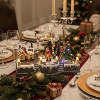 Χριστουγεννιάτικο Διακοσμητικό Φωτιζόμενο Χωριό με Άγιο Βασίλη 32.5x18.5x17 cm