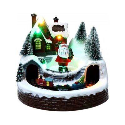 Χριστουγεννιάτικο Φωτιζόμενο Χιονισμένο Χωριό με Σιδηρόδρομο, Αγιο Βασίλη & Μουσική 19x18x16cm