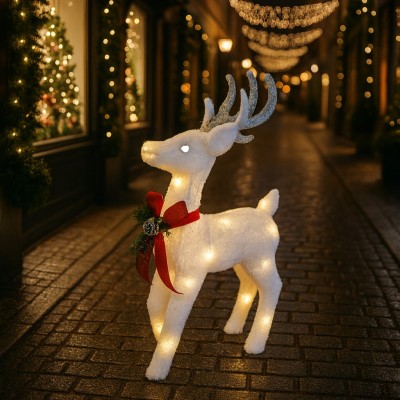 Διακοσμητική Χριστουγεννιάτικη Φιγούρα Λευκός Τάρανδος Led με Κόκκινη Κορδέλα & Μεταλλικό Σκελετό