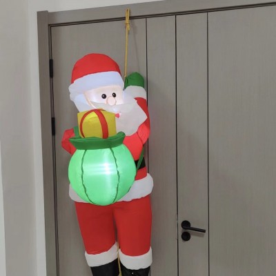 120cm Φουσκωτός Άγιος Βασίλης Φωτιζόμενος & Χαμογελαστός με LED Φως & Σάκο & Σχοινί