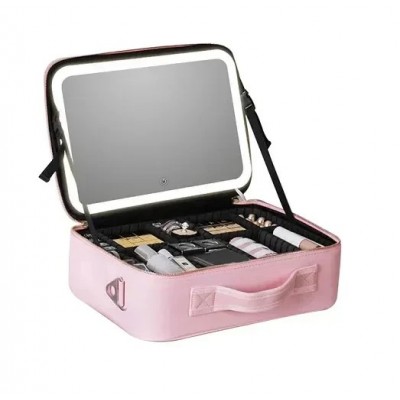 Βαλιτσάκι Μακιγιάζ από Συνθετικό Δέρμα με Επαναφορτιζόμενο LED Καθρέφτη 1200mAh 27x24x10cm