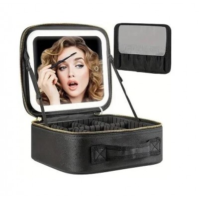 Βαλιτσάκι Μακιγιάζ από Συνθετικό Δέρμα με Επαναφορτιζόμενο LED Καθρέφτη 1200mAh 27x24x10cm
