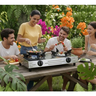 Διπλή Επιτραπέζια Εστία Υγραερίου Sokany SK-07022 Μεταλλική Ασημί 54.3x7x32cm