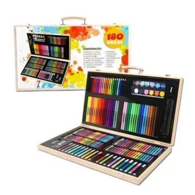 47.5×29.5×4.5cm Ολοκληρωμένο Σετ Δημιουργικής Ζωγραφικής Με Ξύλινη Βαλίτσα Μεταφοράς 180 Τεμαχίων