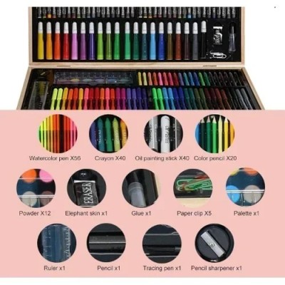 47.5×29.5×4.5cm Ολοκληρωμένο Σετ Δημιουργικής Ζωγραφικής Με Ξύλινη Βαλίτσα Μεταφοράς 180 Τεμαχίων