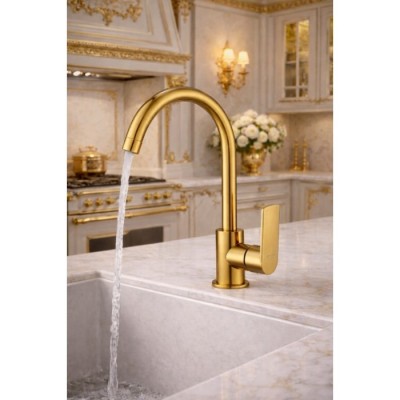 Αναμεικτική Μπαταρία Κουζίνας Πολυτελείας με Ψηλό Λαιμό και Χρυσό Φινίρισμα