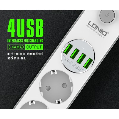 Πολύπριζο Ασφαλείας 3 Θέσεων με 6 Θύρες USB 3.4A LDNIO®