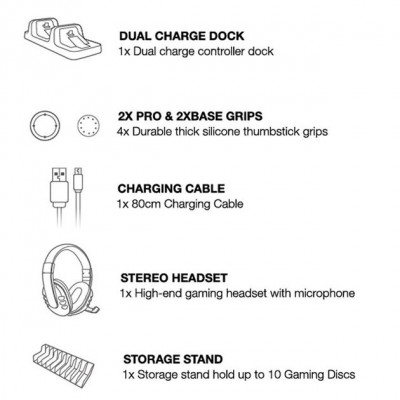 Σετ 5 σε 1 με Ακουστικά Headset Gamer, Βάση Φόρτισης Τηλεχειριστηρίων Controller PS4, Thumb Grips & Ραφάκι 10 Παιχνιδιών