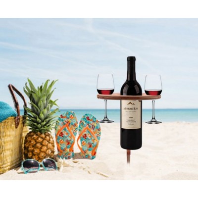 Πτυσσόμενο Στρογγυλό Ξύλινο Τραπεζάκι με Θέσεις για 1 Μπουκάλι και 2 Ποτήρια για την Παραλία, για Πικνίκ και τον Κήπο