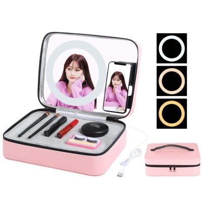 Vlogging Βαλιτσάκι Μακιγιάζ με Φωτισμό Ring LED Light, Καθρέφτη, Βάση Κινητού USB - PULUZ Cosmetic Storage Box Ροζ