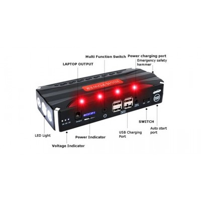Εκκινητής Power Bank με LED Φακό & 4 USB Θύρες 68800 mAh- Jump Starter Τροφοδοτικό - Φορτίζει από Κινητό μέχρι Αυτοκίνητο