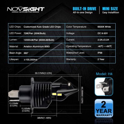 Compact PNP LED Λάμπες Αυτοκινήτου Novsight H4 60W 8000Lm 6500K - Car LED Headlights