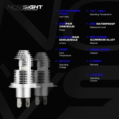 NovSight N35 2 τμχ LED Λάμπες Αυτοκινήτου H4 50W 10000Lm 6000K - Λαμπτήρες Πορείας Car LED Headlights