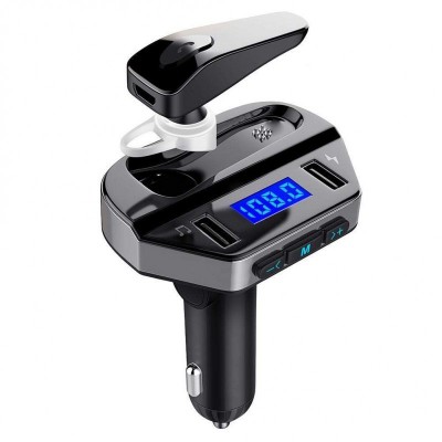 Σύστημα Ηandsfree με Ακουστικό, Fm Transmitter & Διπλό Φορτιστή USB Αυτοκινήτου Bluetooth με MP3 Player - Hands Free Car Kit FM.