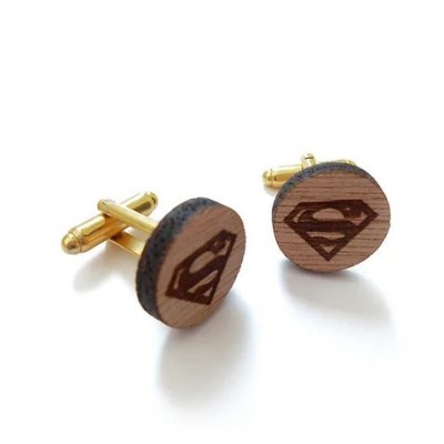 Μανικετόκουμπα Superman Cufflinks από Ξύλο με Χάραξη και Χρυσό Κούμπωμα