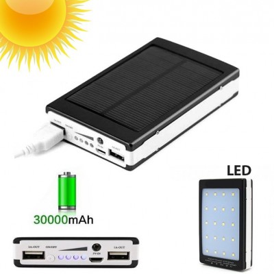 Ηλιακά Επαναφορτιζόμενο Power Bank 30.000mAh με 2 Θύρες USB-A & Φωτιστικό LED με 3 Λειτουργίες - Solar Power Bank