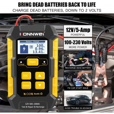 Konnwei® Φορητό Ψηφιακό Διαγνωστικό Ελεγκτής - Φορτιστής & Επισκευαστής Μπαταριών Αυτοκινήτου 3 σε 1 Αυτόματο με Κροκοδειλάκια 12V - Battery Tester