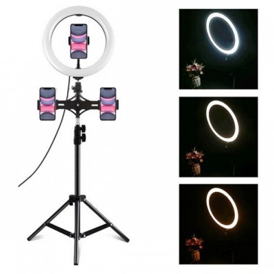 Φωτογραφικό Φωτιστικό Δαχτυλίδι LED 26cm USB με Ρυθμιζόμενο Θερμό & Ψυχρό Φωτισμό - Dimmer - Τρίποδο & 3 Βάσεις Στήριξης Κινητού - Ring Light Lamp