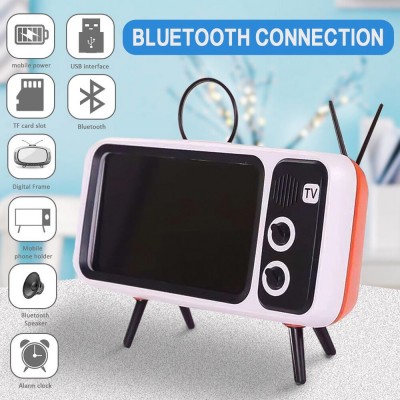 Ασύρματο Bluetooth Ηχείο με Βάση Στήριξης Κινητού με Ραδιόφωνο FM σε Σχήμα Vintage Τηλεόρασης Επαναφορτιζόμενο - Πορτοκαλί