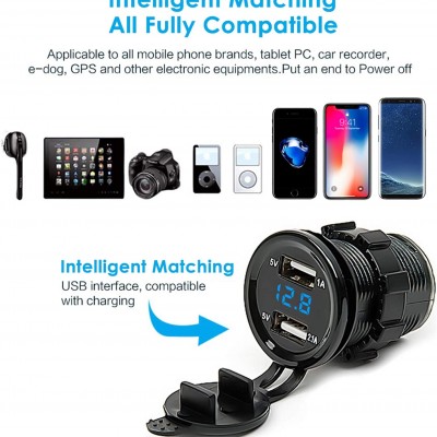 Διπλός USB Αδιάβροχος Φορτιστής & Βολτόμετρο έως 15V με LED Οθόνη - για Μηχανή / Μοτοσικλέτα & Σκάφος