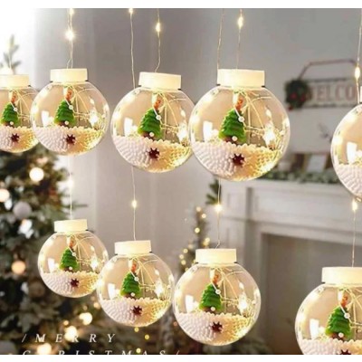 Χριστουγεννιάτικη Κουρτίνα Led 3Μ με 10 Φωτιζόμενες Διάφανες Πλαστικές Μπάλες με Χιονάνθρωπο και Χιόνι 6162-09