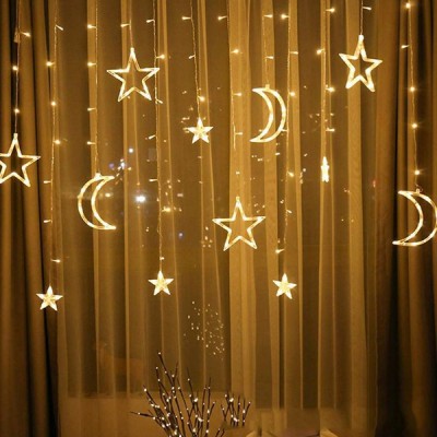 LED Χριστουγεννιάτικα Φωτάκια Ασύμμετρη Κουρτίνα 3μ σε Σχήμα Φεγγαριού και Αστεριών με Λευκό Θερμό Κίτρινο Φώς LED Christmas Lights Star 6162-02