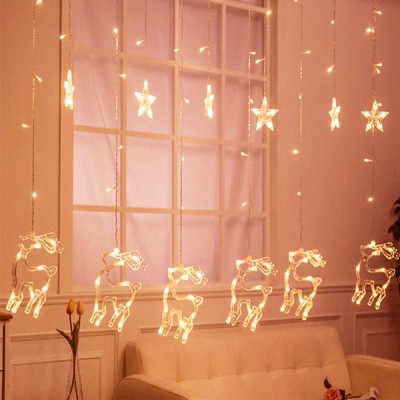 LED Χριστουγεννιάτικα Φωτάκια Ασύμμετρη Κουρτίνα 3μ σε Σχήμα Ελαφιών και Αστεριών με Λευκό Θερμό Κίτρινο Φώς LED Christmas Lights Star 6162-04