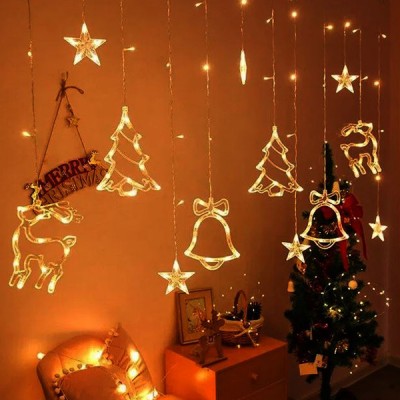 LED Χριστουγεννιάτικα Φωτάκια Ασύμμετρη Κουρτίνα 3μ σε Σχήμα Ελαφιών, Καμπανών, Δέντρων και Αστεριών με Λευκό Θερμό Κίτρινο Φώς LED Christmas Lights Star 6162-05