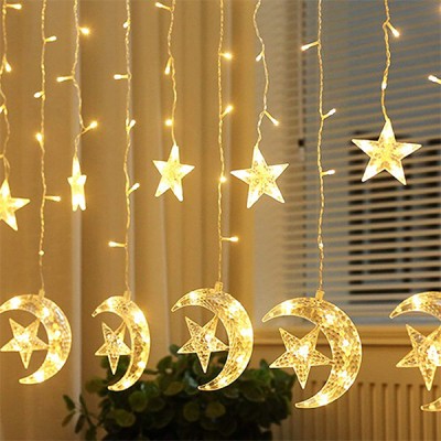 LED Χριστουγεννιάτικα Φωτάκια Ασύμμετρη Κουρτίνα Γιρλάντα 3μ με Φεγγάρια & Αστέρια, Λευκό Θερμό Κίτρινο Φώς 100 LED Christmas Lights Stars On Moons