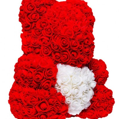 Αρκουδάκι από Τεχνητά Τριαντάφυλλα Κόκκινο με Λευκή Καρδιά 25cm