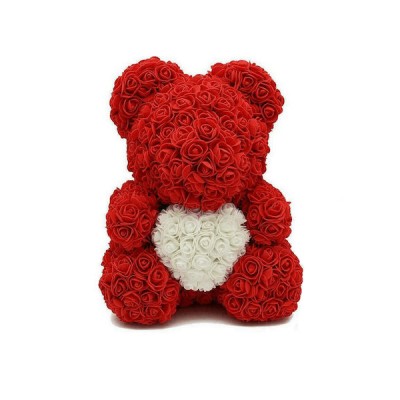 Αρκουδάκι από Τεχνητά Τριαντάφυλλα Κόκκινο με Λευκή Καρδιά 25cm