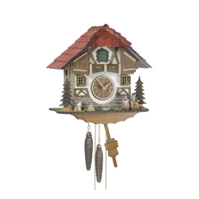 Ξύλινο Ρολόι Κούκος-Χειροποίητος Κουρδιστός 1 Ημέρας με Παράσταση Αλπικού Σπιτιού, 23cm Εκκρεμές, Ζευγάρι Ηλικιωμένων 27 cm