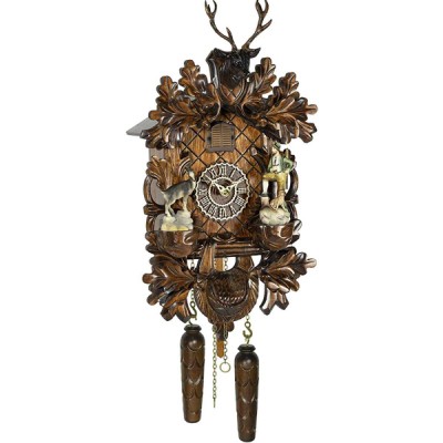 Ξύλινο Ρολόι Κούκος, Χειροποίητος, Σκαλιστός με Μελωδίες, Κυνηγό και Κεφαλή Ελαφιού 42cm