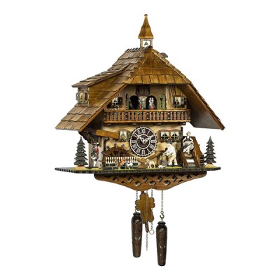 Ξύλινο Ρολόι Kούκος με Xειροποίητη Παράσταση Αλπικού Σπιτιού με Ξυλοκόπο & Μύλο 52cm